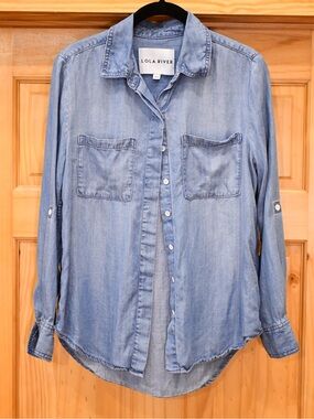 Light Blue Denim Shirt - Casual Button-Up Button Sleeve Option Lola River XS
